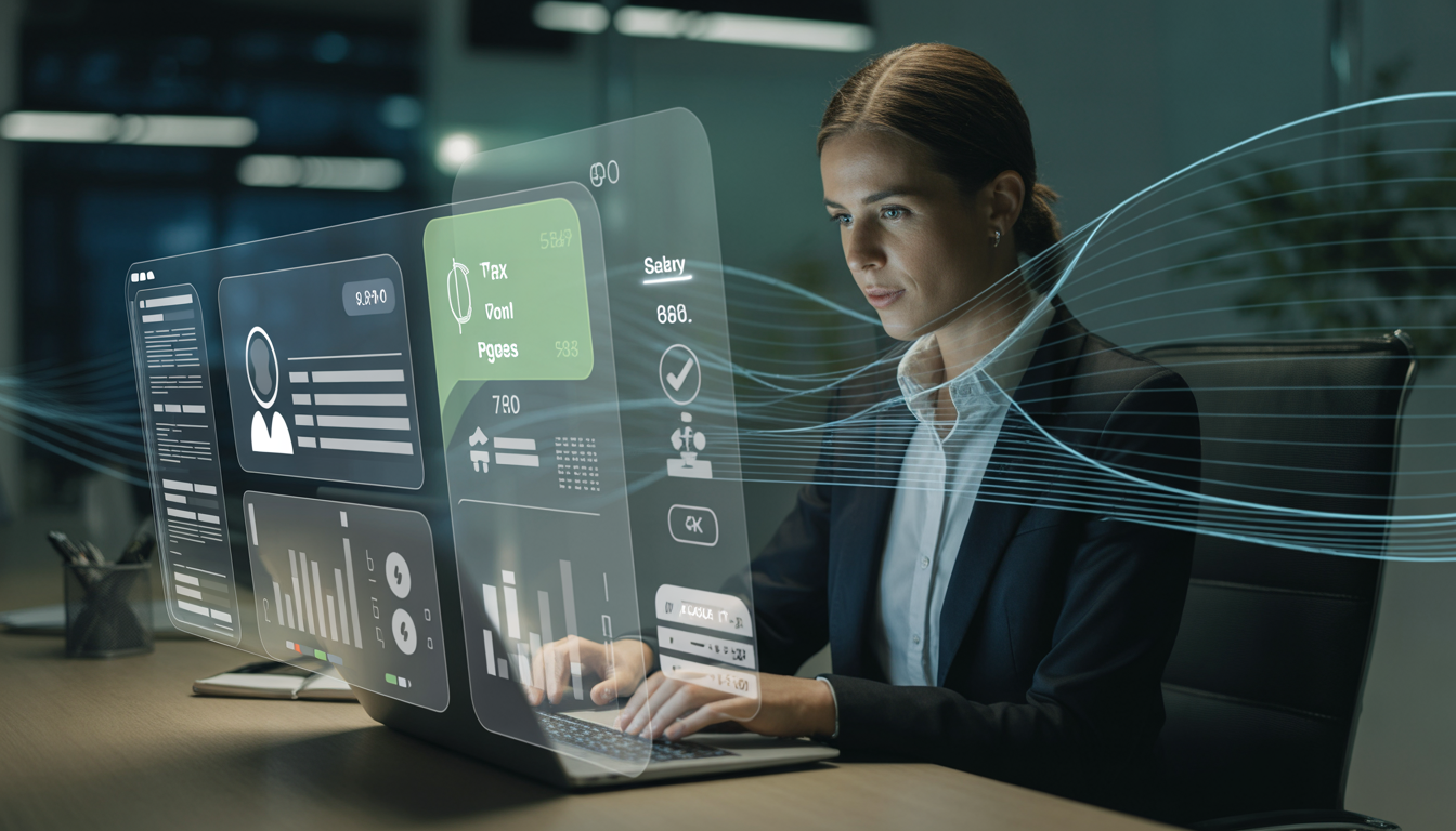 ideogram v3.0 futuristic yet realistic corporate scene of payroll outsourcing powered by techn 0